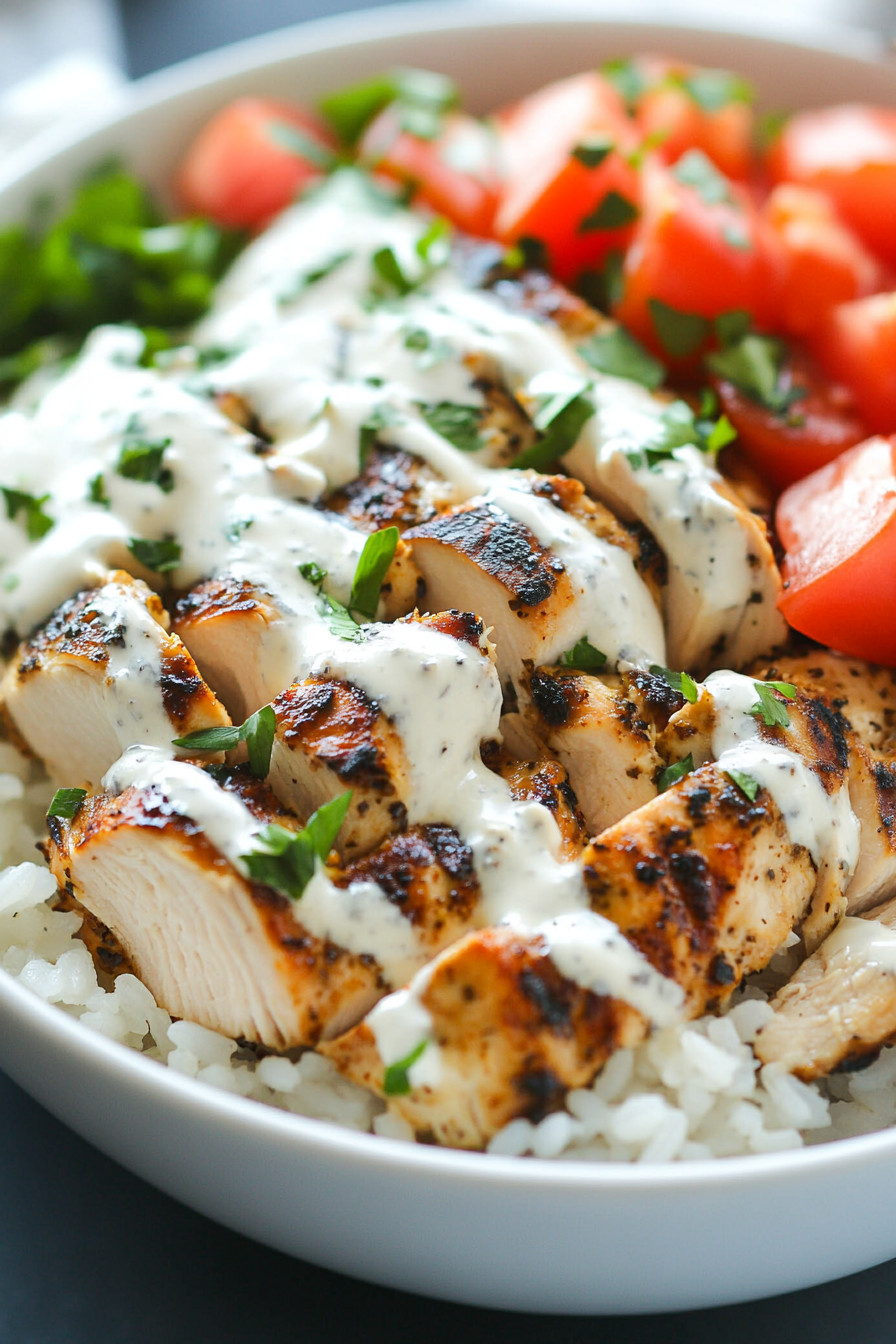 Chicken & Rice Bowls with Creamy Garlic Sauce: 3 Easy Steps