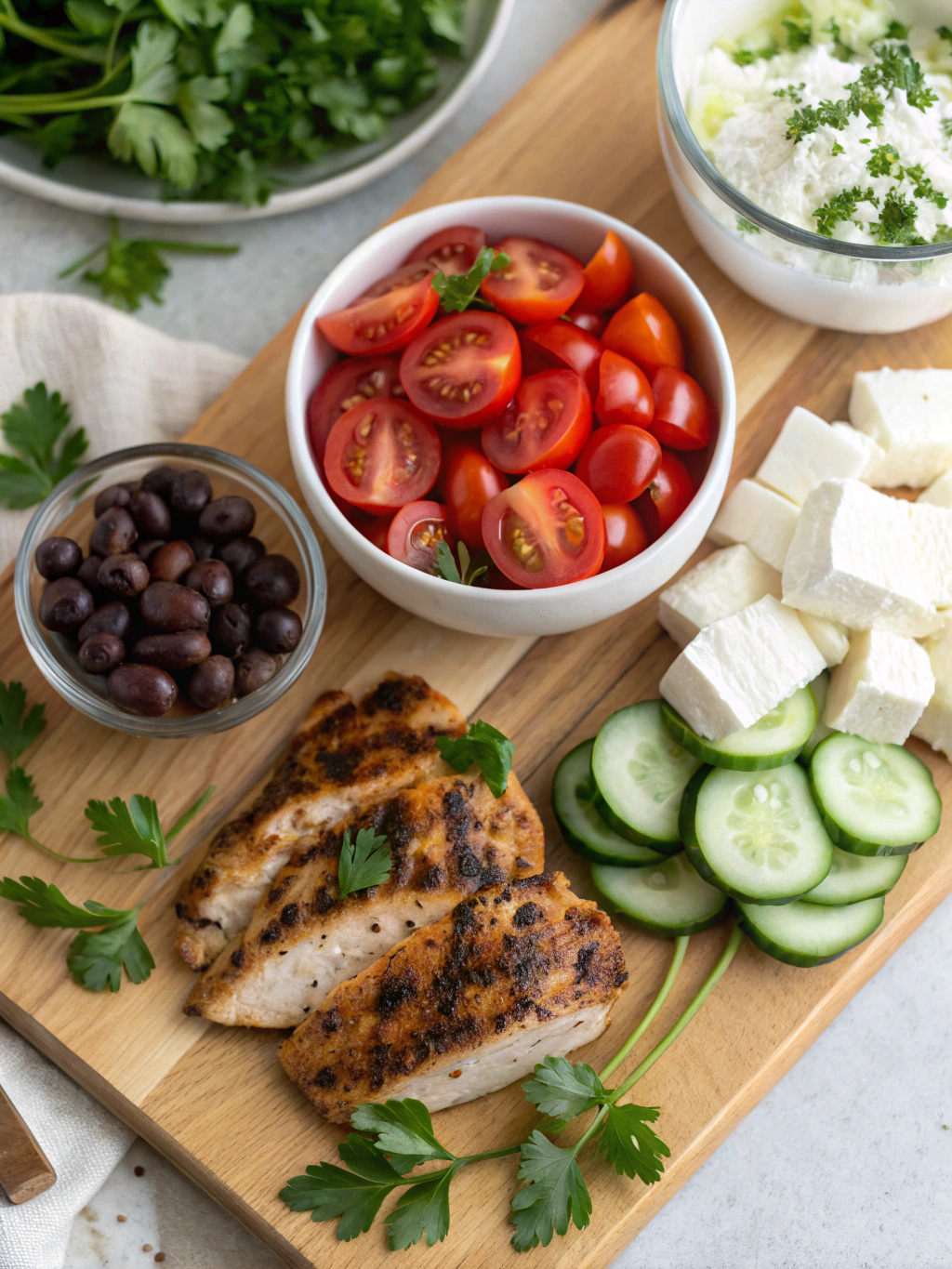 Greek Chicken Bowl ingredients laid out on a countertop