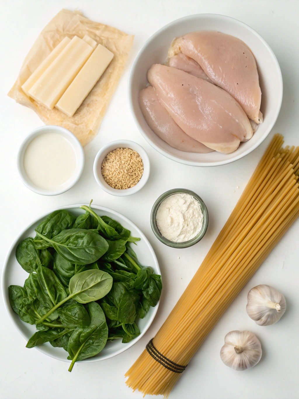 Low-Calorie Chicken Alfredo ingredients arranged on a wooden table