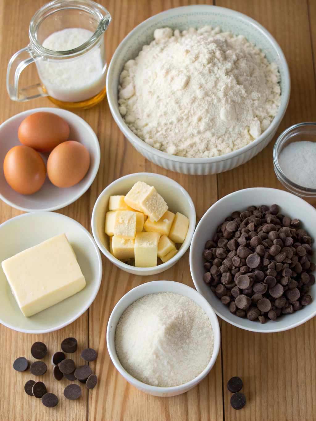 Cookie ingredients arranged on wooden table