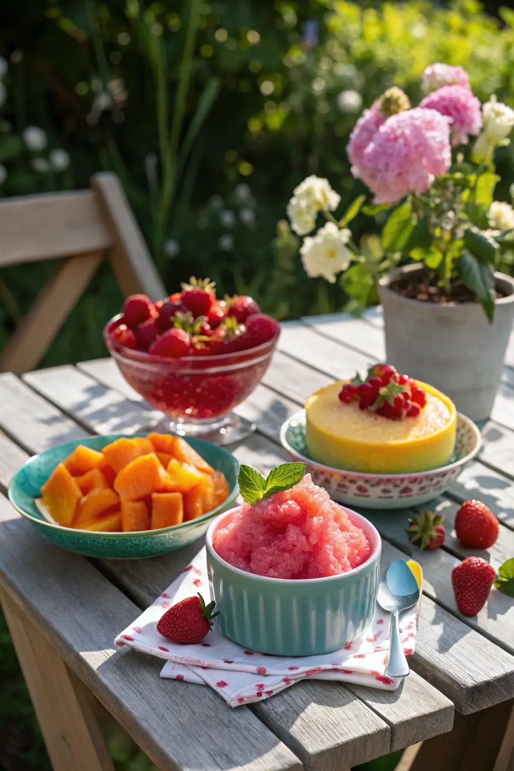 An assortment of colorful summer fruit desserts like watermelon granita, strawberry shortcake, and mango sorbet served in glass bowls on a rustic wooden table outdoors.