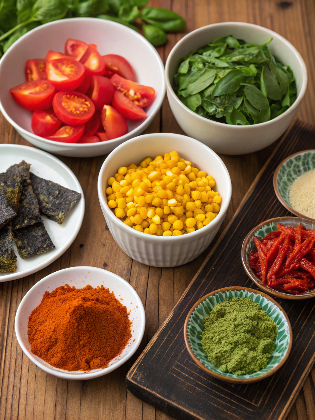 World cuisine ingredients arranged on wooden table